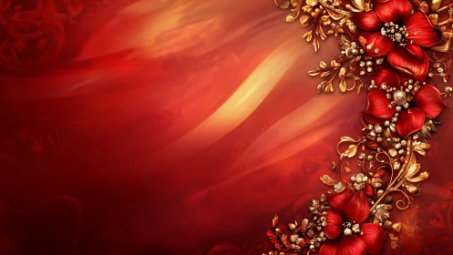 Red flowers with gold ornamental embellishments on gradient background.