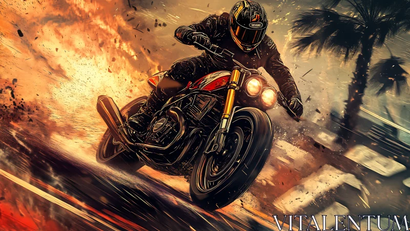 Motorcycle comet carves molten streaks through a city storm