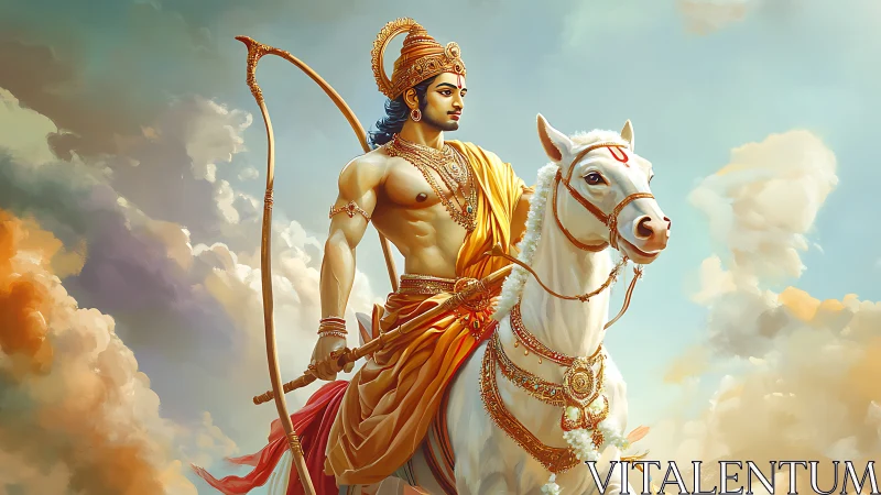 Heroic archer deity on ornate white horse under volumetric clouds