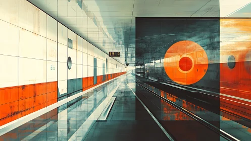 Abstract metro platform corridor with geometric orange overlays