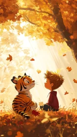 Child and tiger share quiet moment in glowing autumn forest.