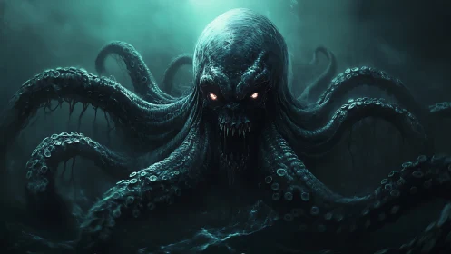 Menacing deep sea tentacled monster with glowing eyes.