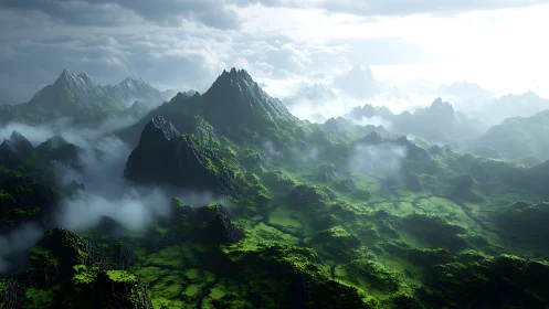 Verdant fogbound mountain range in cinematic morning light.
