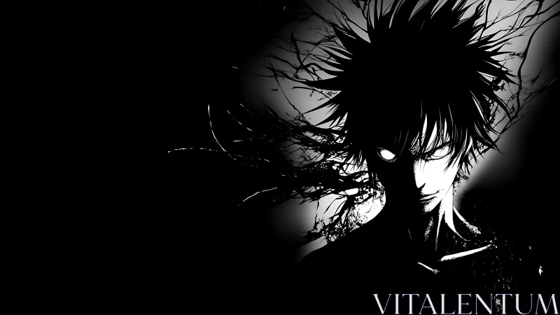 High-contrast monochrome anime figure with fractured shadow aura