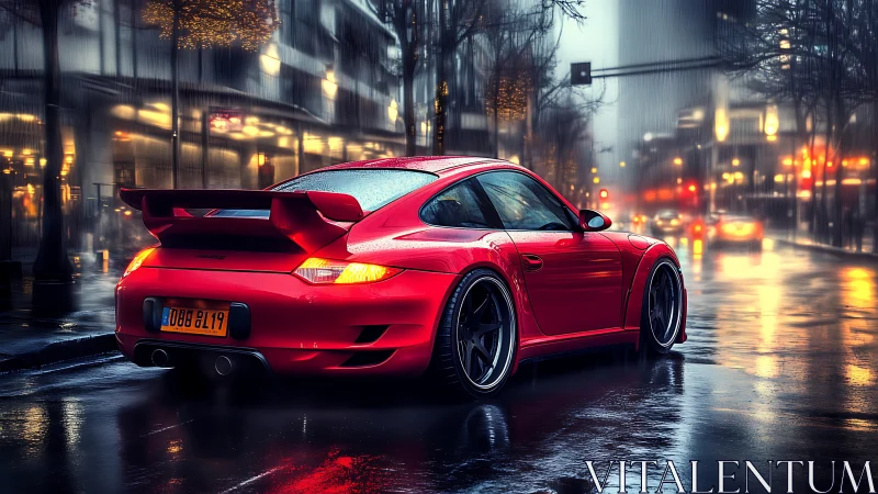 Red sports coupe on wet city street at night in rain.