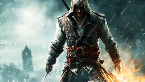 Hooded assassin advances through storm with blazing steel