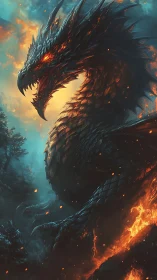 Fierce fire dragon rises in glowing storm of smoke and flame