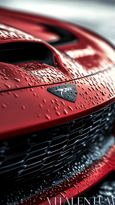 Red sports car grille with rain-soaked hood close-up.