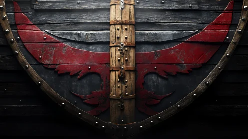 Weathered wooden shield bears red winged crest