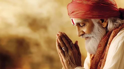 Elderly man in side profile holds folded hands in prayer
