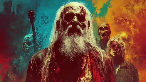 Blood-soaked elder cult leader framed by spectral skull silhouettes