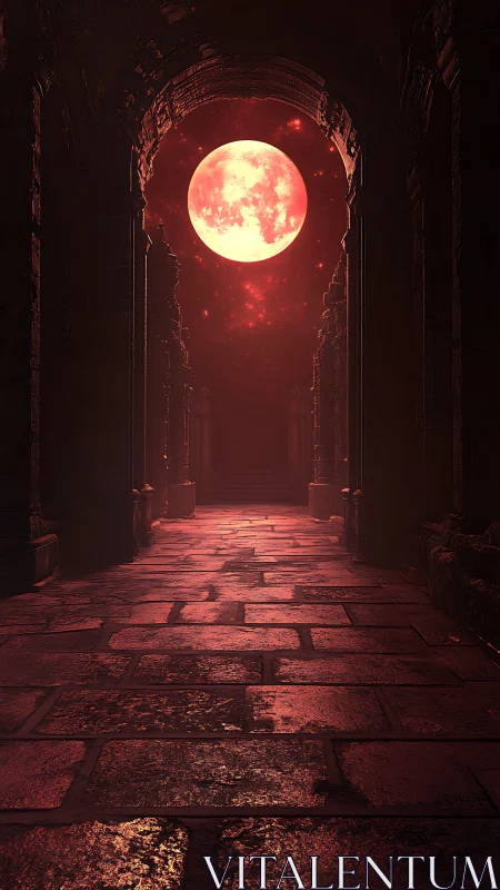 Stone corridor under large red moon in arched ruins.