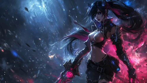 Neon storm huntress ignites a cybernight battlefield.