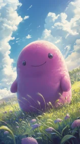 Pastel pink blob creature in sunlit meadow under cumulus sky