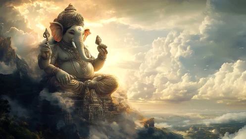 Sky-palace elephant deity basking in golden stormlight.