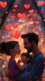 Family Embraced by Glowing Hearts and Warm Bokeh Magic.