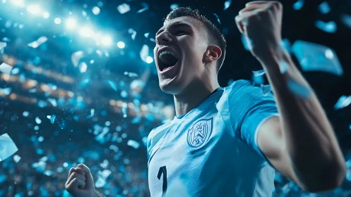 Soccer player celebrates loudly under bright stadium lights