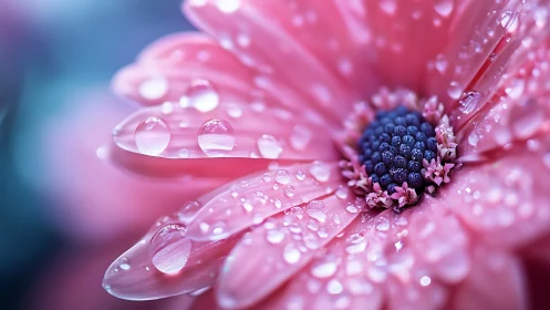 Pink daisy macro with dewdrops on petals and center.