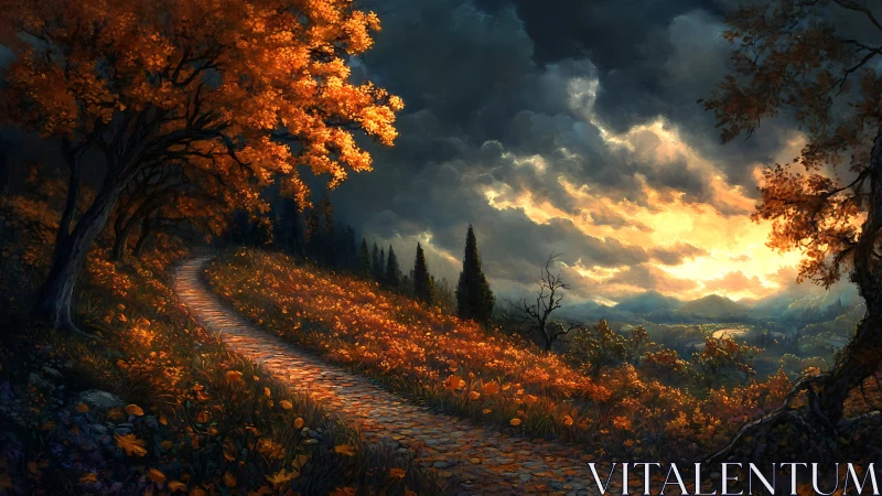 Autumn forest path under dramatic sunset sky at horizon.
