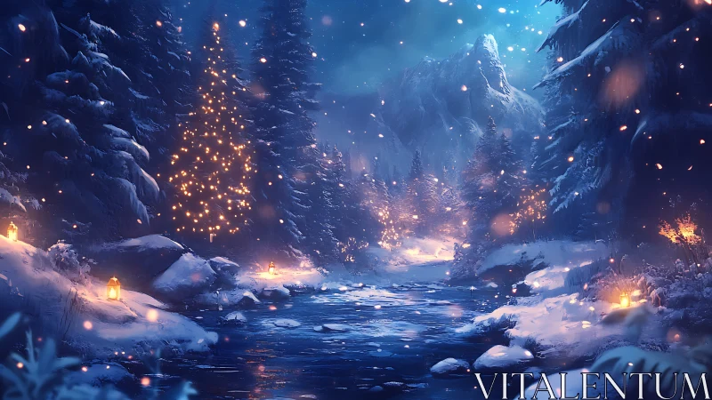 Snow-covered forest river reflects lantern and tree lights