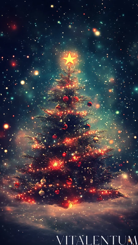 Lit Christmas tree stands in snowfall against dark night sky