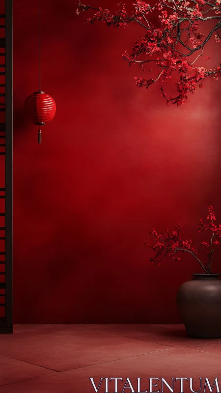 Red lantern and cherry branches frame minimal interior wall
