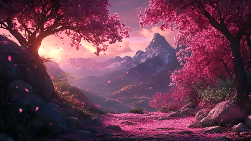 Chromatic alpine valley framed by luminous cherry canopies.