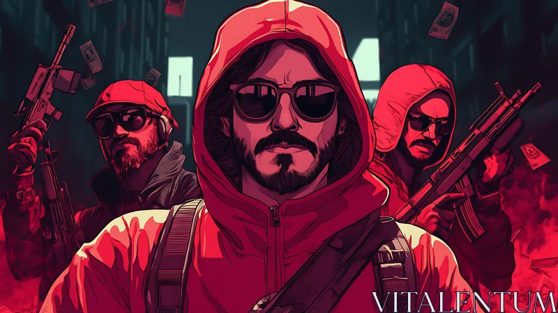 Hooded heist crew in neon red comic crime alleyway.