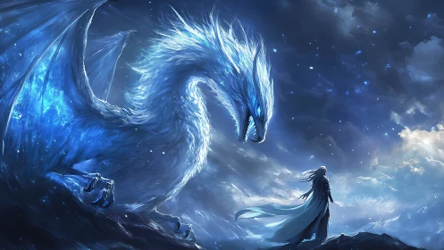 Spectral ice dragon confronting cloaked figure under starlit gale.