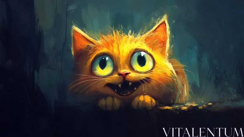 Wide eyed orange cat in stylized digital painting portrait.