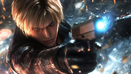 Blond gunman aims forward in intense digital action scene.