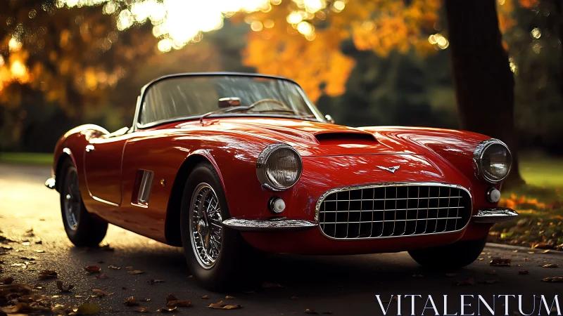 Classic red roadster under golden hour autumn canopy