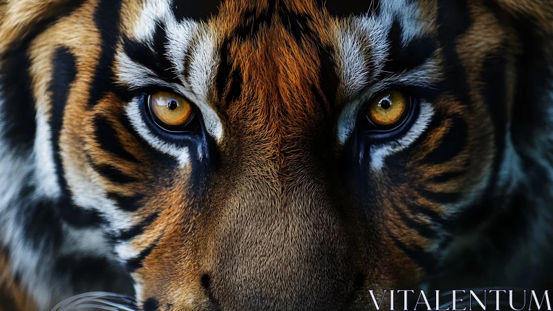 Tiger eyes lock viewer in high contrast striped symmetry.