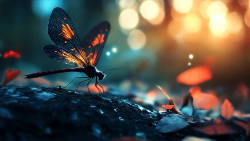 Dragonfly on forest floor in warm glowing backlight.