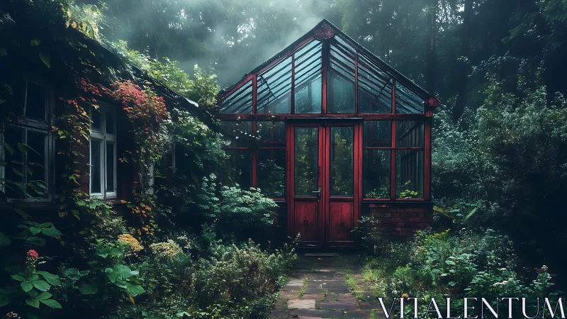 Moss-covered glasshouse stands in misty forest clearing overgrown