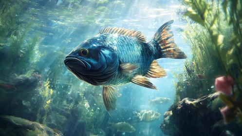 Digital rendering depicts a single fish in underwater habitat