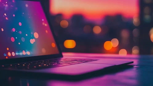 Laptop glow against neon city bokeh at twilight dusk.