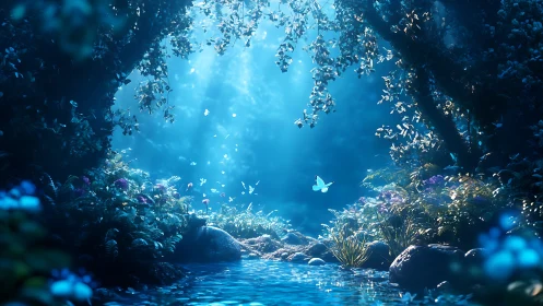 Moonlit river glade where luminous butterflies crown silence.