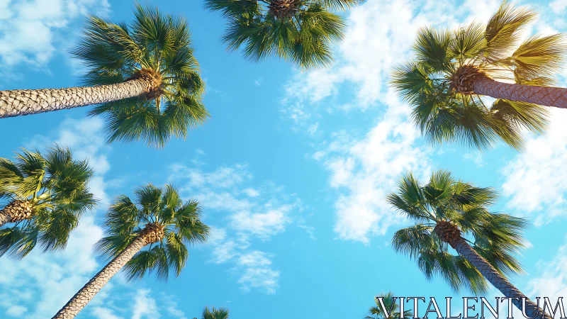 Sunny palm trees reach into a bright blue summer sky