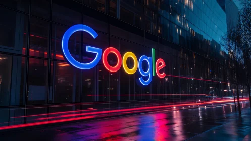 Google office facade shows illuminated logo at night