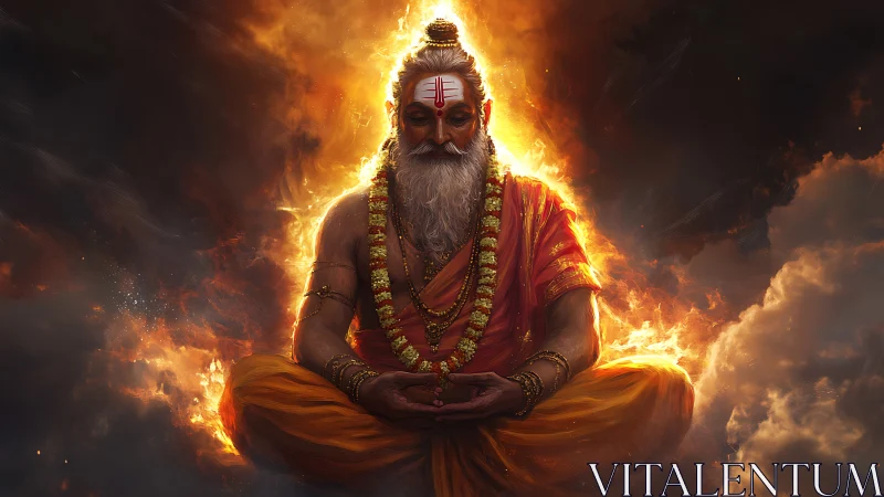 Ascetic sage meditates in blazing celestial fire halo.