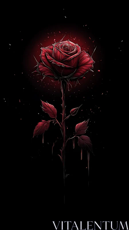 Crimson thorned rose drifting in darkness and quiet fire.