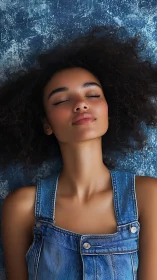 Close-up vertical portrait of relaxed woman in denim overalls