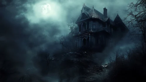 Moonlit Victorian mansion rises through dense haunted fog