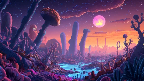 Alien valley landscape shows tall pillars under pink moon