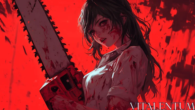 Female figure with chainsaw stands against saturated red ground