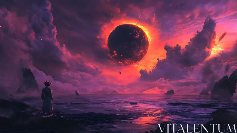 Crimson eclipse crowns a lone wanderer at the cosmic shore