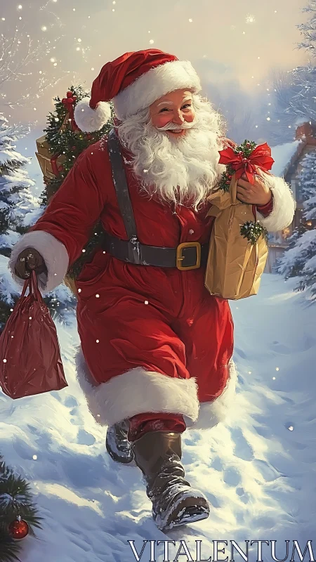 Festive Santa Claus walking through snowy village lane.