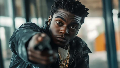 Intense urban portrait with direct pointing gesture focus.