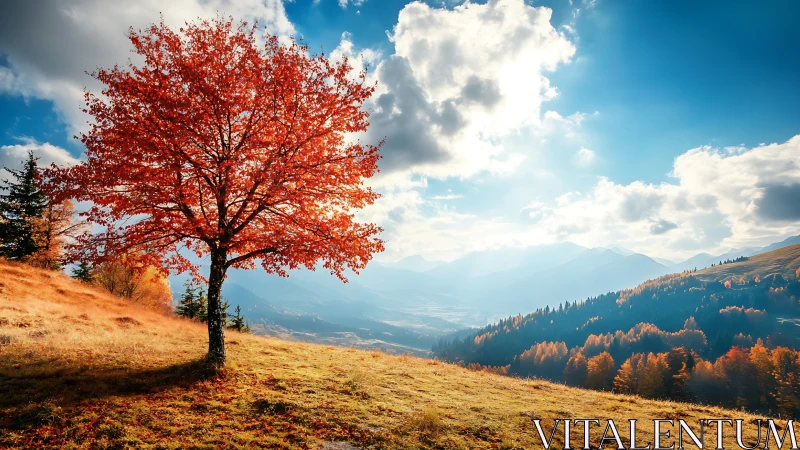 Solitary autumn tree dominates illuminated alpine hillside
